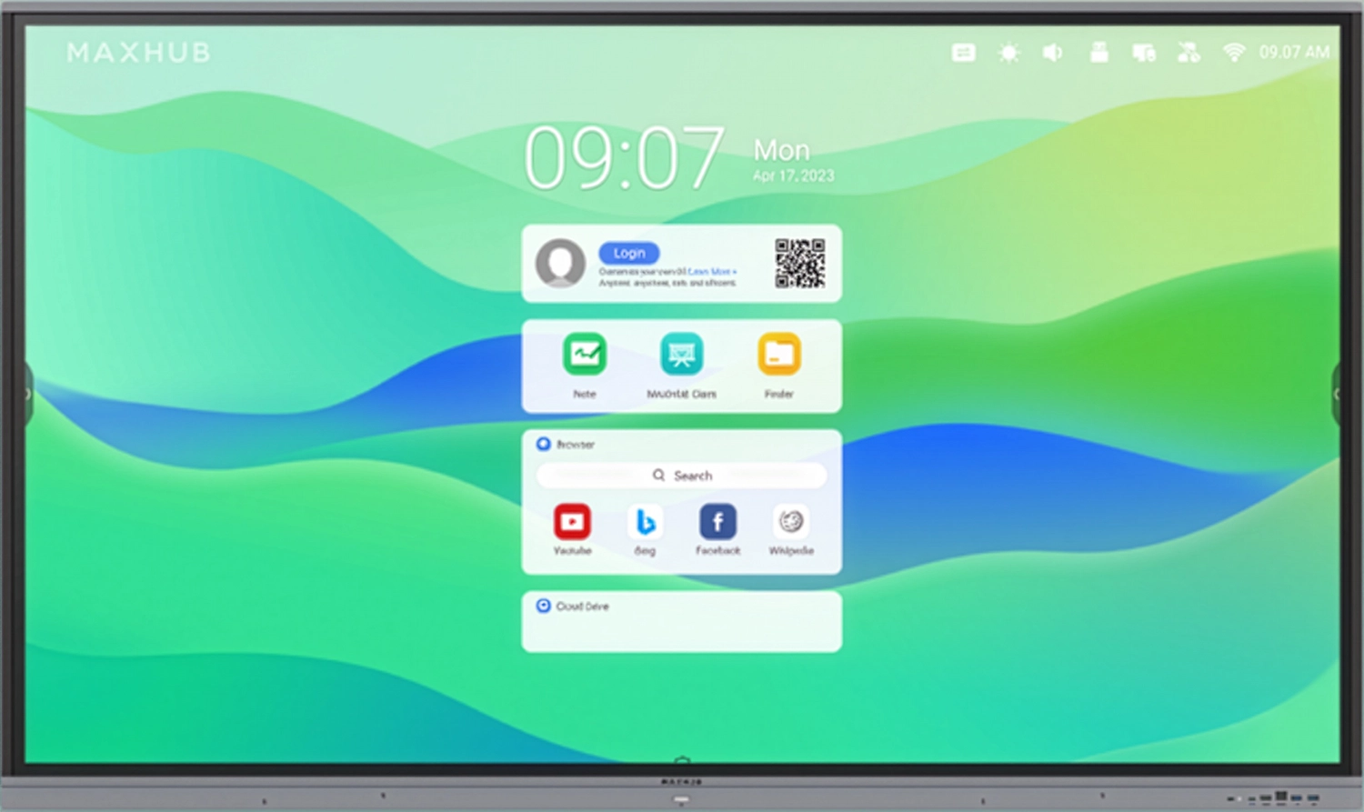 Maxhub_E2_series_interactive_panel_1500w Image of a Maxhub E3 Series Interactive Panel with a yellow LCD screen