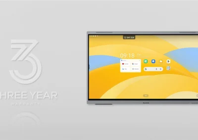 Image of a Maxhub E3 Series Interactive Panel with the words 3 year warranty written on it